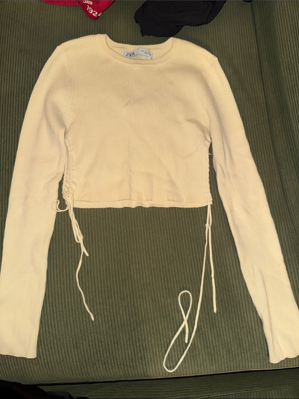 Zara Cream Ribbed Long-Sleeve Crop Top with Side Ties